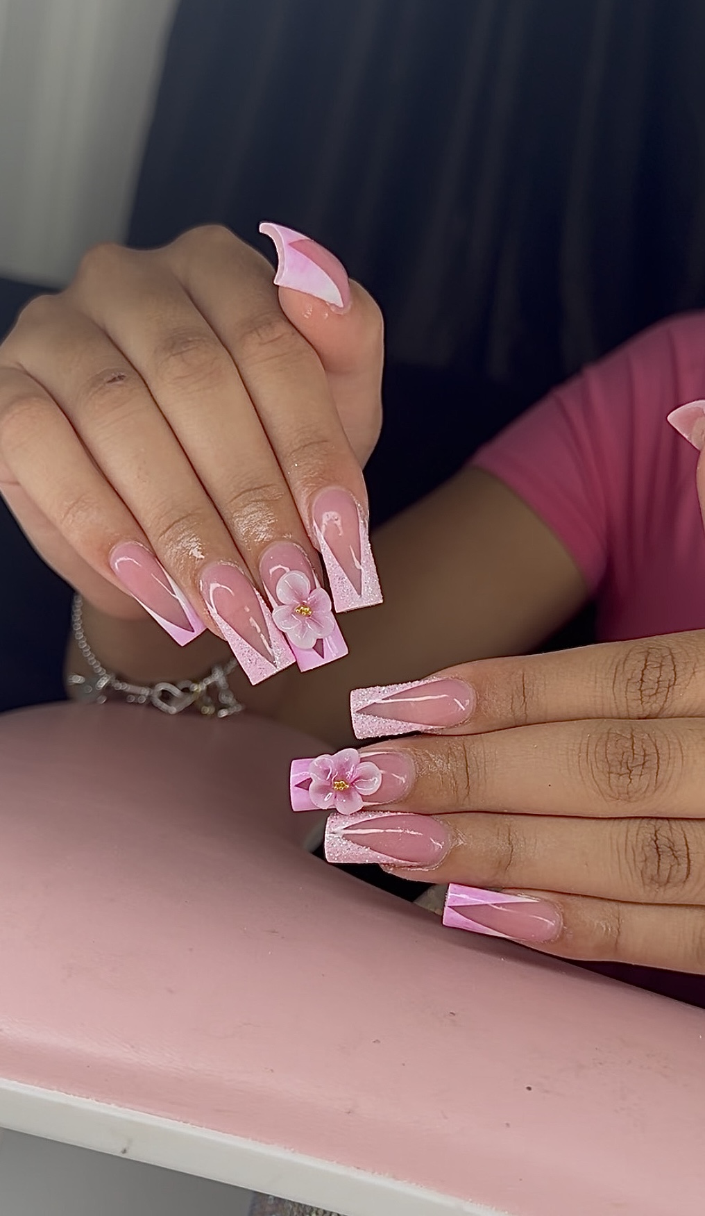 Pink square French nails with raised flower charms